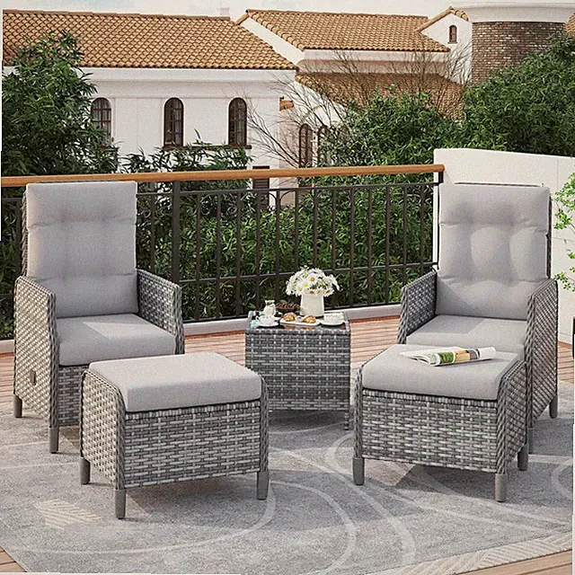 Rattan Gartenmöbel Set 5-teilig Verstellbarer Gartenstuhl Hocker Glastisch Gr...