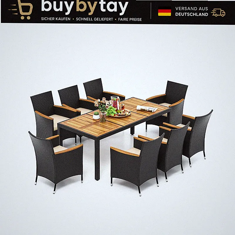 Rattan Gartenmöbel Set 9-teilig für 8 Personen mit Akazienholz Tisch und Kissen