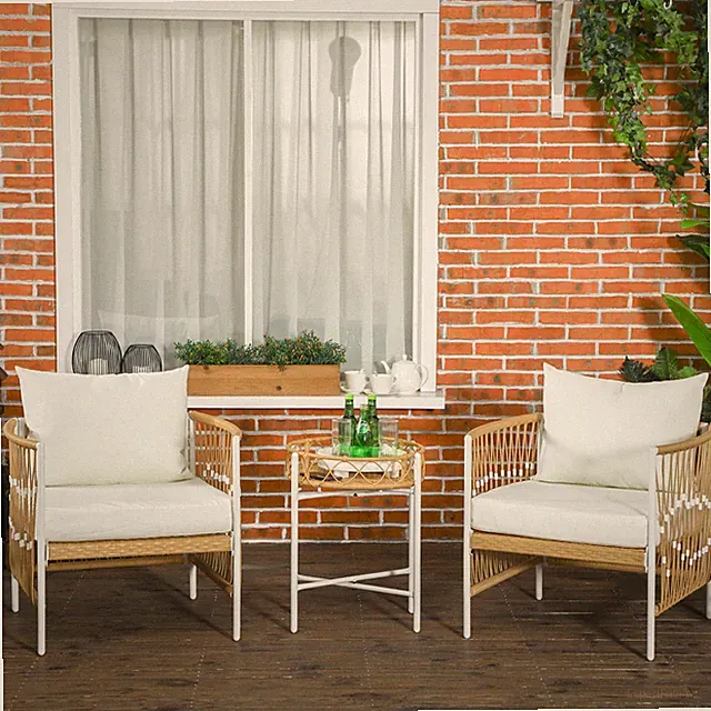 Rattan Gartenmöbel-Set, Gartengarnitur mit 2 Gartenstühle, Beistelltisch Gelb