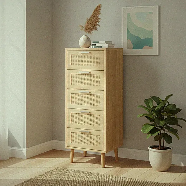 Rattan Kommode 5 Schubladen Boho Stil Hoch Schlafzimmer Aufbewahrung Natur