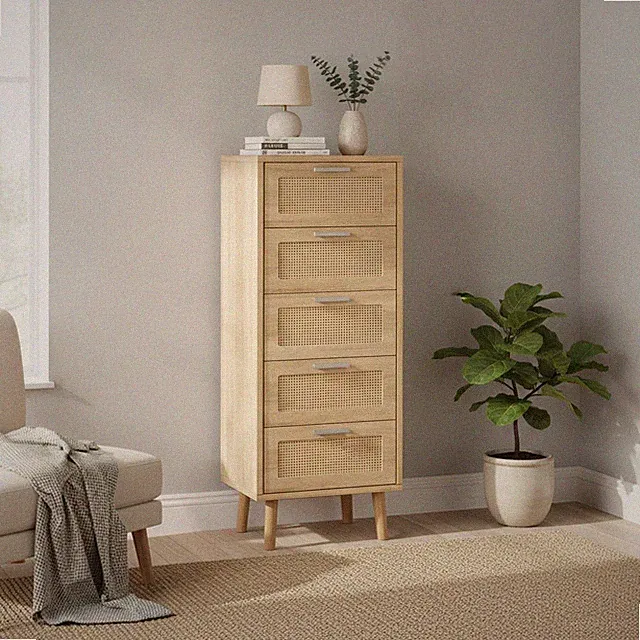 Rattan Kommode 5 Schubladen Boho Stil Hochschrank Aufbewahrungsschrank Natur