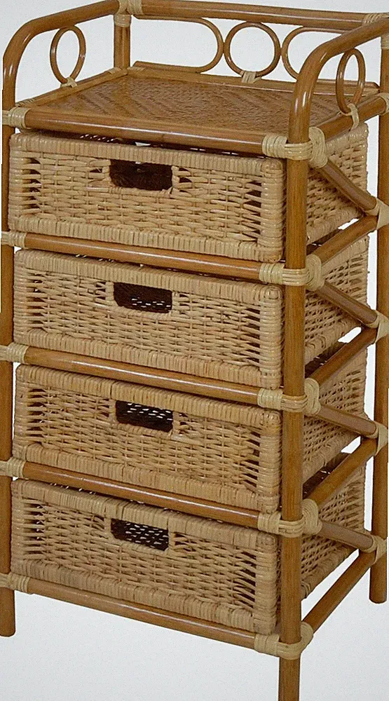 Rattan-Kommode Badregal 4 Schubfächer aus echtem Rattan 46 cm breit (Honig)