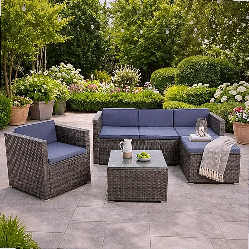 Rattan Lounge Sitzgruppe Gartenmöbel Set Sofa Couch 5-Sitzer Rattanmöbel Grau