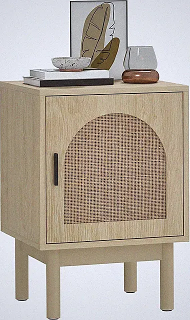 Rattan Nachttisch mit verstellbarem Regal, Massivholzbeine, natur | Boho Betten