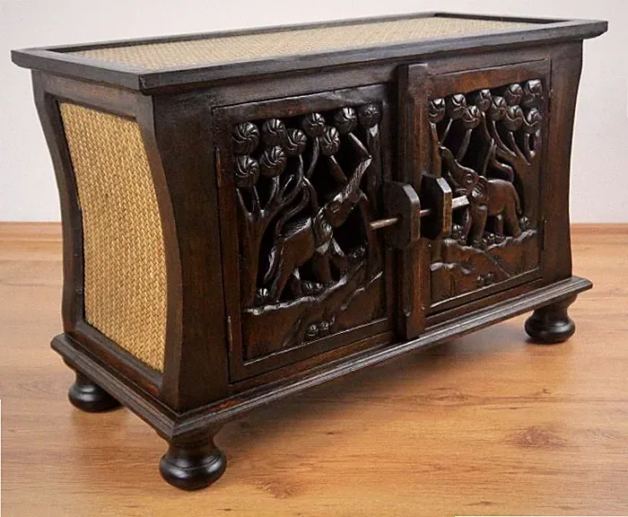 Rattan Sideboard TV Bank HiFi Möbel Elefanten Schnitzerei Asia Kommode