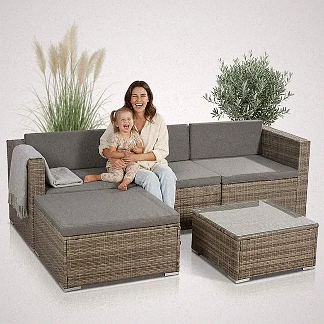 Rattan Sofa Grau Sitzgarnitur Gartenmöbel Sitzgruppe Lounge Poly Gartenset