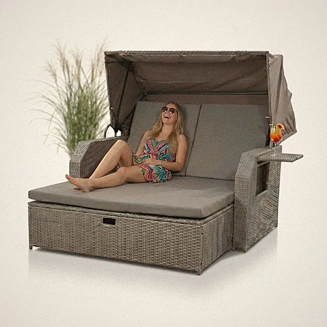 Rattan Sonnenbett Grau Dach Rattan Strandkorb Sonnenliege Liegebett Relaxliege