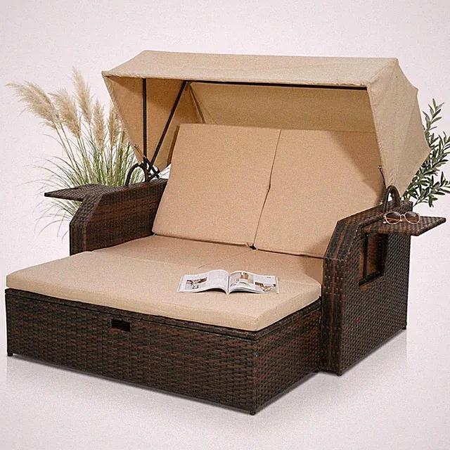 Rattan Strandkorb Sonnenbett Dach Rattan Braun Sonnenliege Liegebett Relaxliege