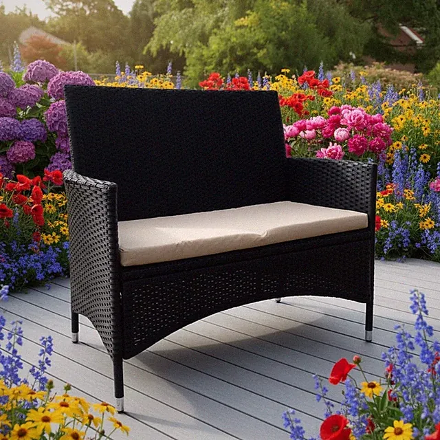 Rattanbank mit Sitzkissen Polyrattan Gartenbank Schwarz Sitzbank Parkbank