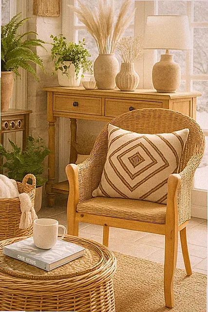 Rattansessel Landhausstil Massivholz Pinie Boho Esszimmerstuhl handgefertigt