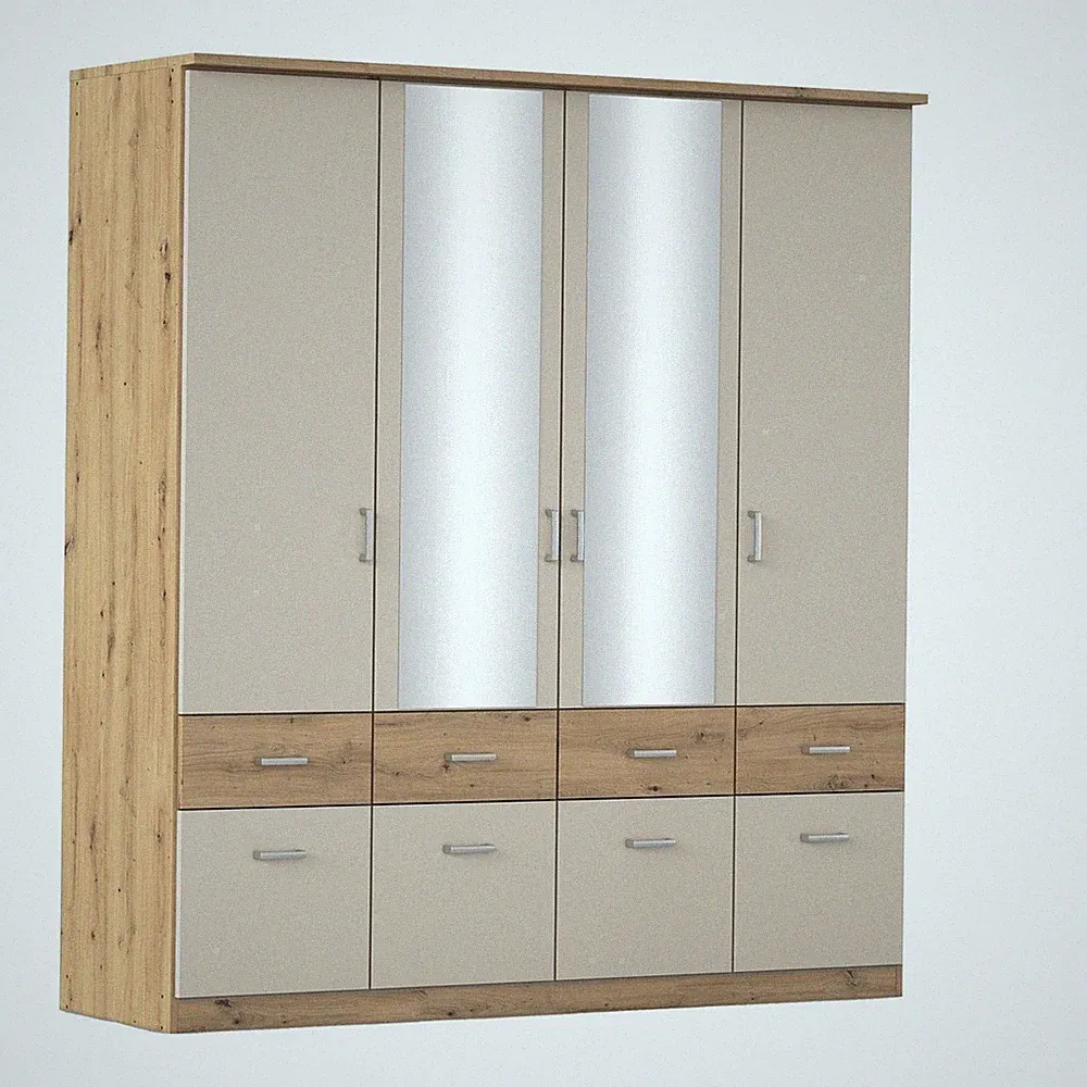 Rauch BREMEN Kleiderschrank 4-türig Spiegel Artisan Eiche Dekor Champagnerfarben