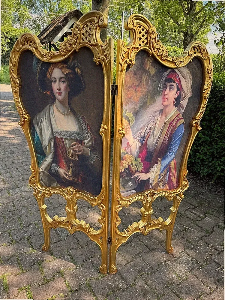 Raumteiler Paravent Französisch Louis XVI Gold Buche Portrait Stoff 1960 2...