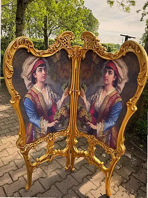 Raumteiler Paravent Französisch Louis XVI Gold Buche Portrait Stoff 1960 2 Pa...