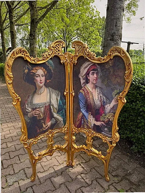 Raumteiler Paravent Französisch Louis XVI Gold Buche Portrait Stoff 2 Paneele...