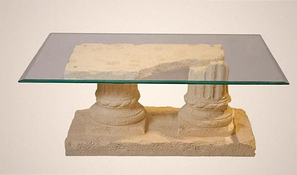 Rechteckiger Couchtisch Glasplatte steinfarbenes Säulen-Untergestell 100x45