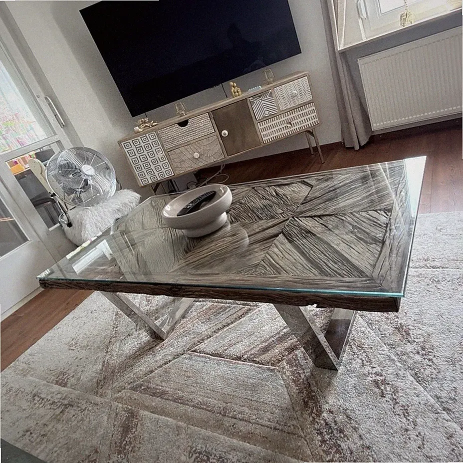 Rechteckiger Couchtisch Holz/Glas mit Glasplatte modern grau 60 cm hoch
