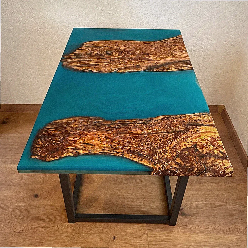 Rechteckiger Couchtisch Holz/Harz Türkis Baumkante Metallgestell 72x42x48