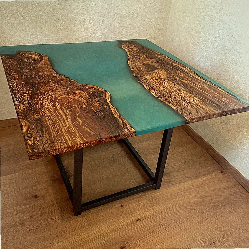 Rechteckiger Couchtisch Holz/Harz Türkis Harz-Einlage Metallgestell 70x70x45