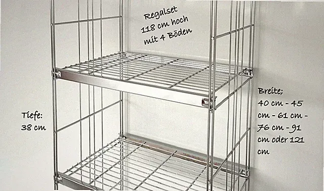 Regal 118 cm hoch 4 Gitterböden 38 cm tief 40 - 45 - 61 - 76 - 91 - 121 cm breit