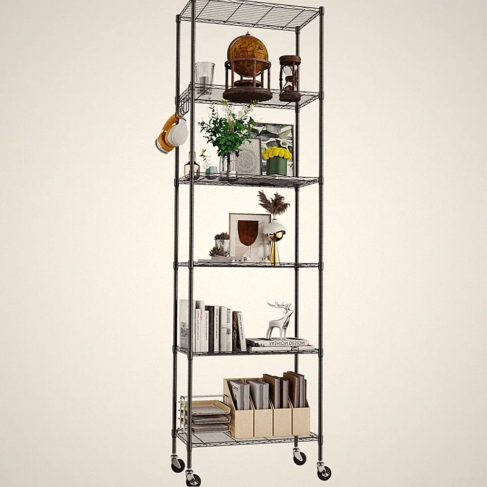 Regal 6-stöckig schwarz, höhenverstellbar, mit Rädern, Metall, Badezimmer Küche