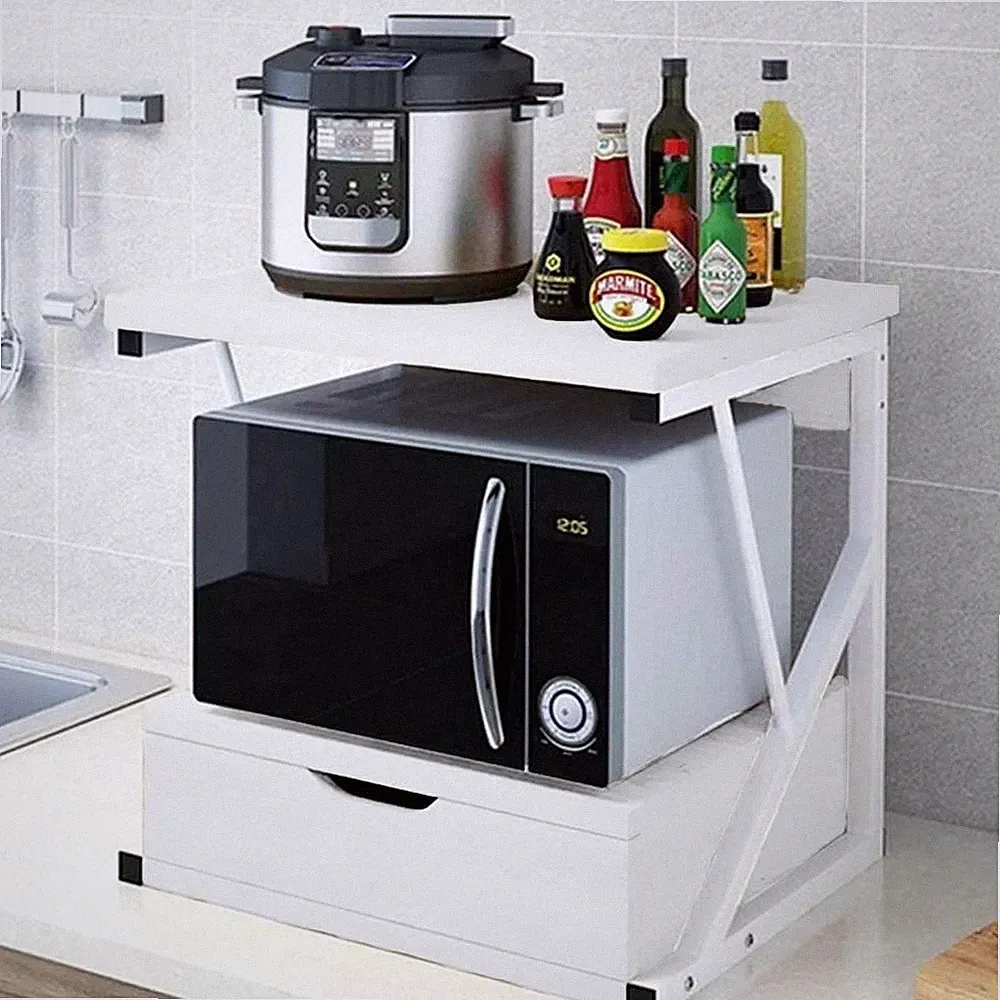 Regal Für Mikrowelle, Gestell Aus Metall, Mit Ablage Aus Mdf-Holz Und Schublade