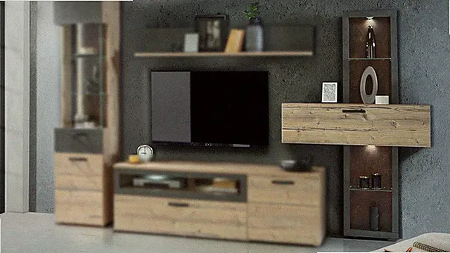 Regal Kalomira Standregal Vitrine Schrank Wohnzimmer Fichte und Beton dunkelgrau
