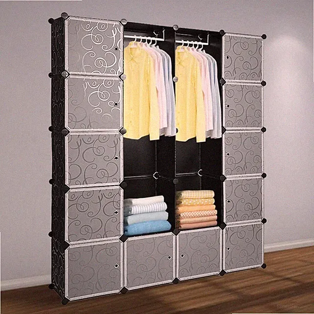 Regal Kleiderschrank System 20 Würfel Kunststoff mit Türen Schwarz 180x142x37cm