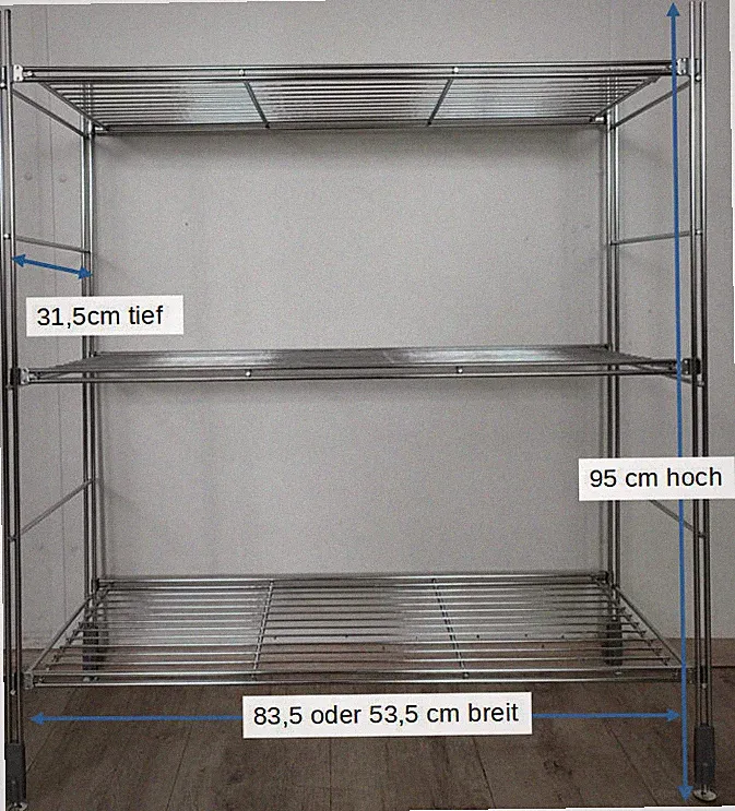Regal Metall 95 cm hoch mit 3 Gitterböden 31,5 cm tief verchromt 2 Breiten