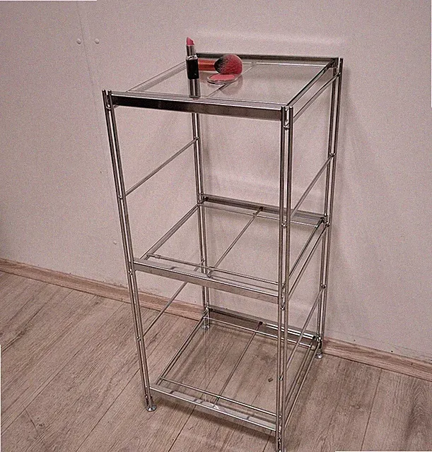 Regal Metall mit 3 Klar-Glasboden 77,5 cm hoch 33,5 cm tief verchromt 3 Breiten