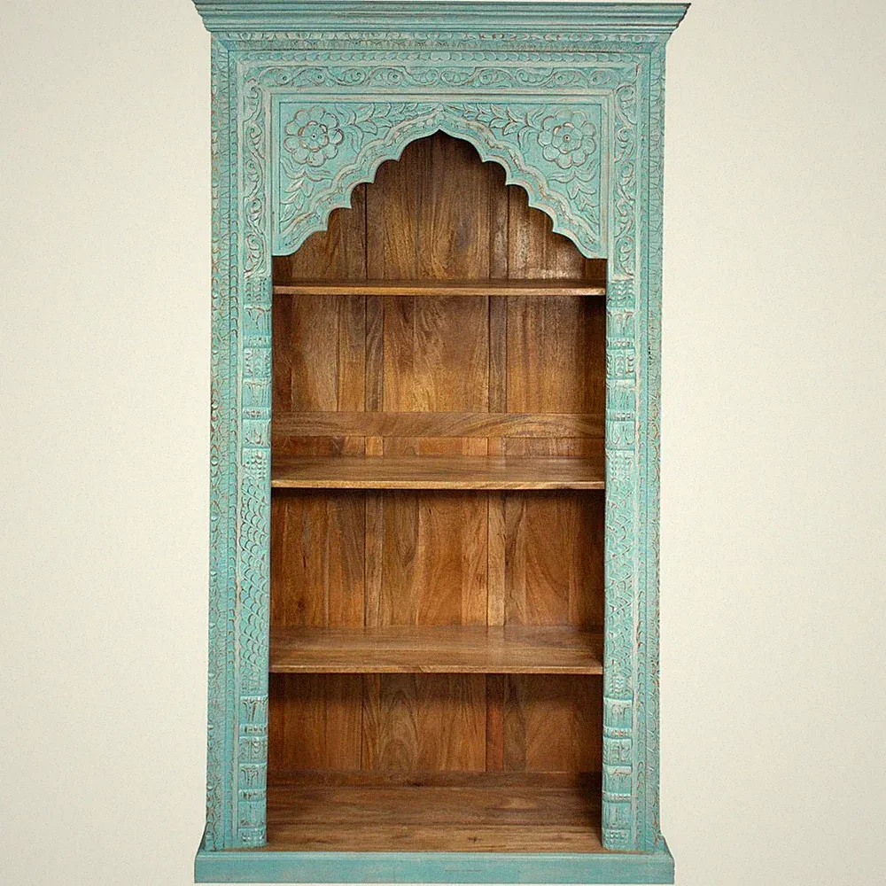 Regal Schrank Himal Indischer Schrank Schnitzerei Oriental Blau Türkis 190 cm