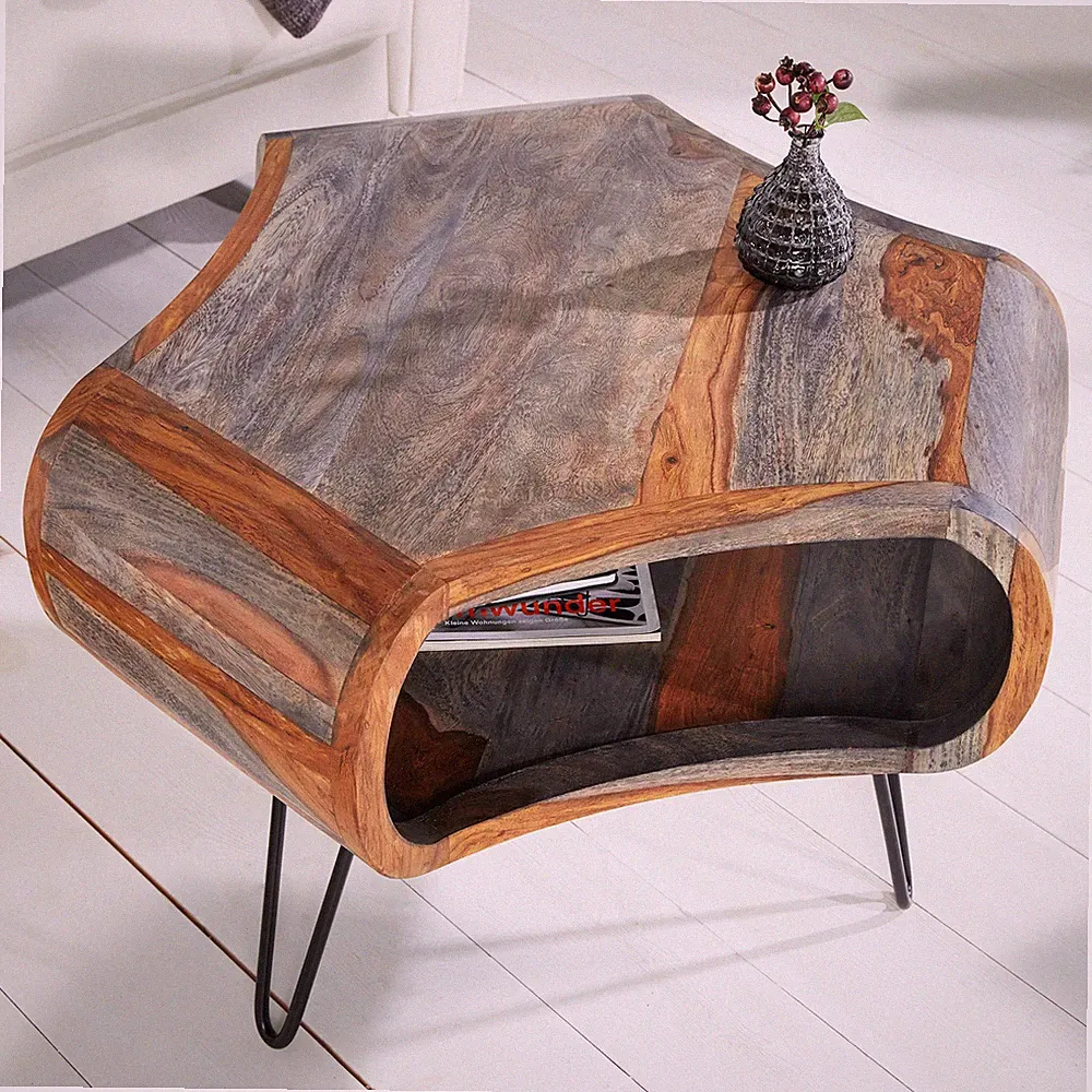 Retro Couchtisch ORGANIC LIVING 70cm grau Sheesham Massivholz Stauraum Hairpin