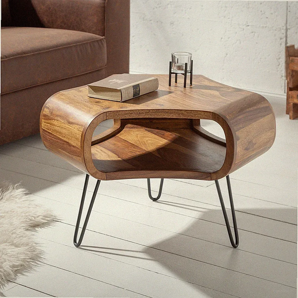 Retro Couchtisch ORGANIC LIVING 70cm Sheesham Massivholz Stauraum Hairpin Legs