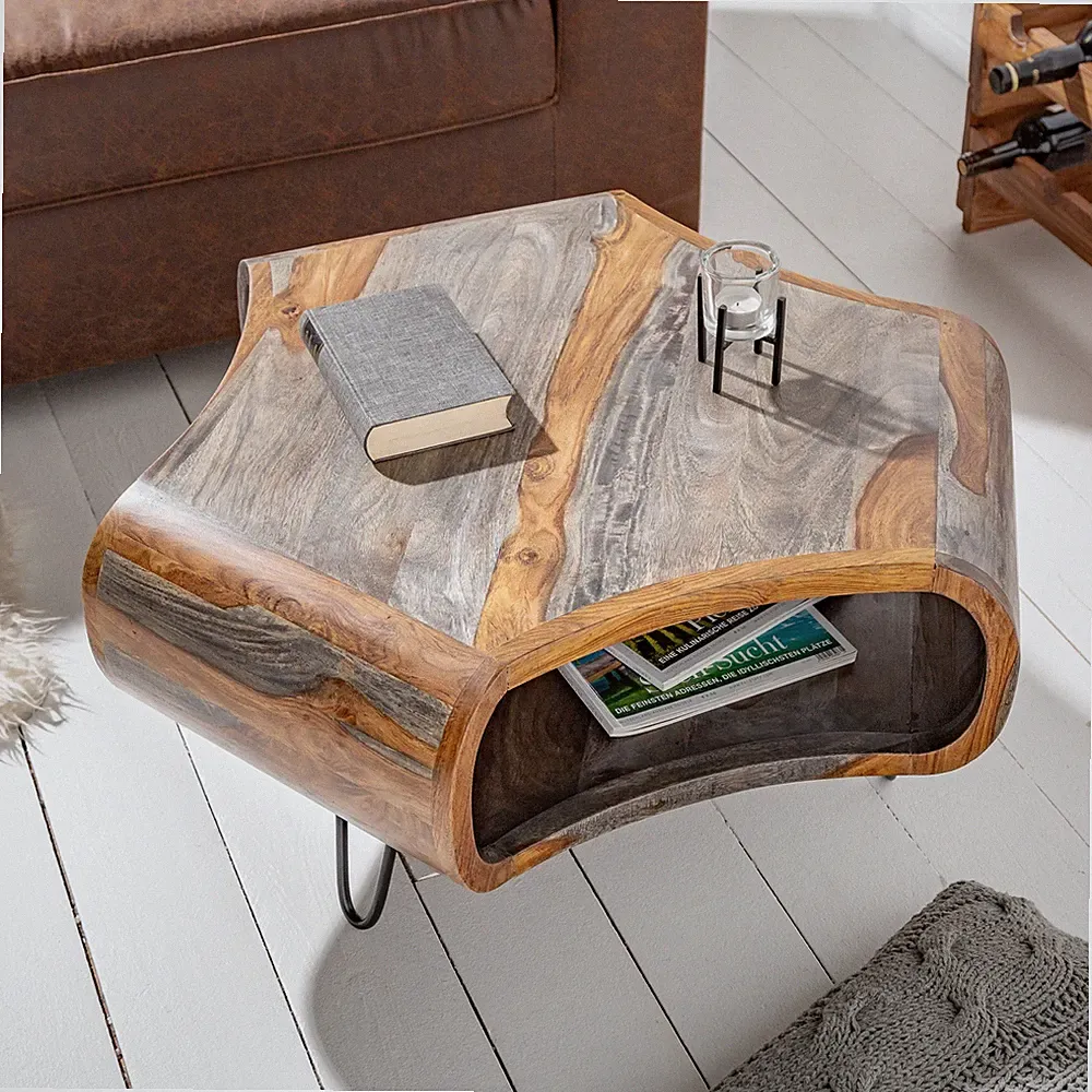 Retro Couchtisch ORGANIC LIVING 80cm grau smoke finish Sheesham Hairpin Legs