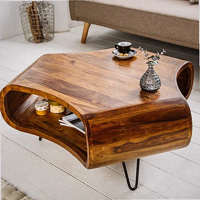 Retro Couchtisch ORGANIC LIVING 90cm Sheesham Hairpin Legs Massivholz Stauraum