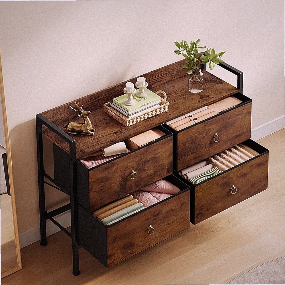 Retro Kommode mit 4 Schubladen Sideboard Anrichte Schubladenschrank Metallrahmen