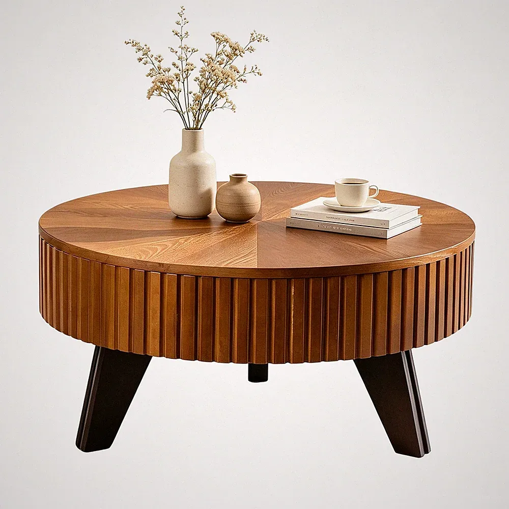 Retro runder Couchtisch mit Stauraum, 80cm Tisch mit 3 Beinen für Wohnzimmer