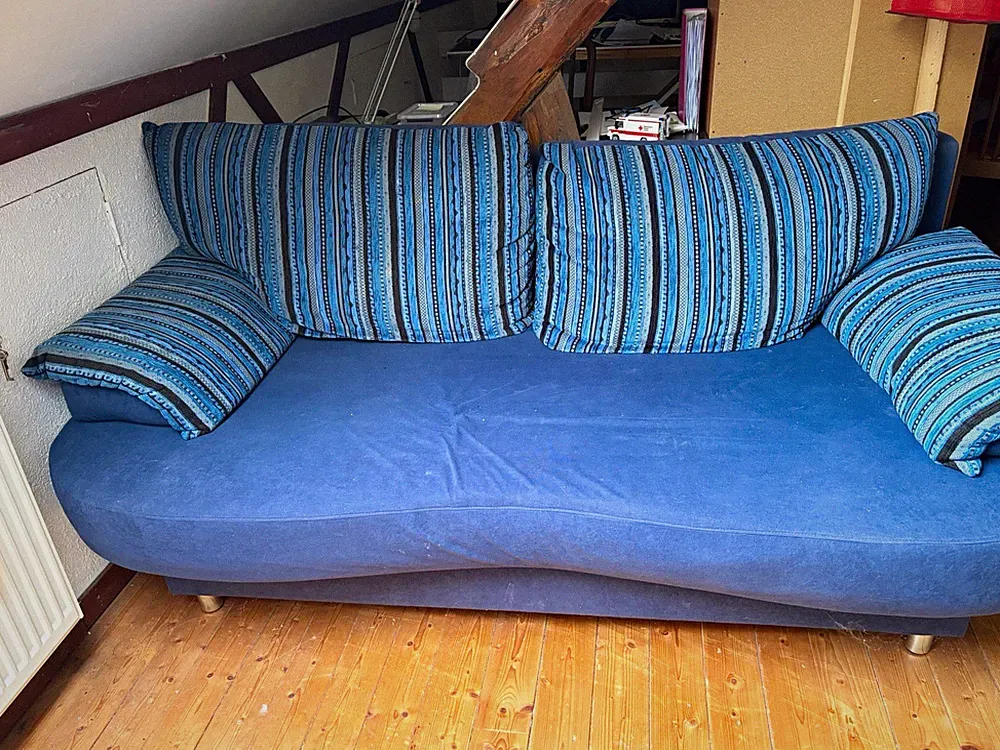 Retro Schlafsofa Stoff blau gestreift mit Stauraum, 4-Sitzer 140x200 cm