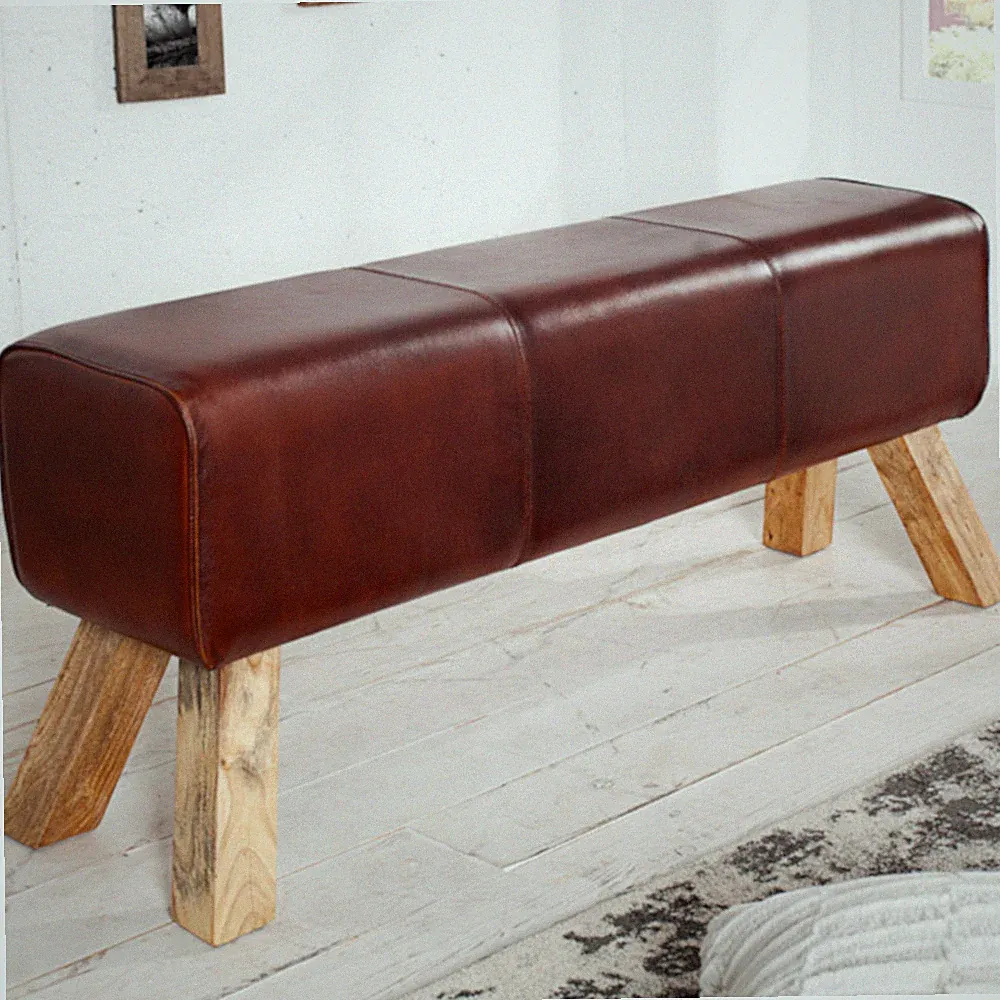 Retro Sitzbank TURNBOCK 120cm mit Echtleder Bezug Mangoholz Bank Flurbank Bank