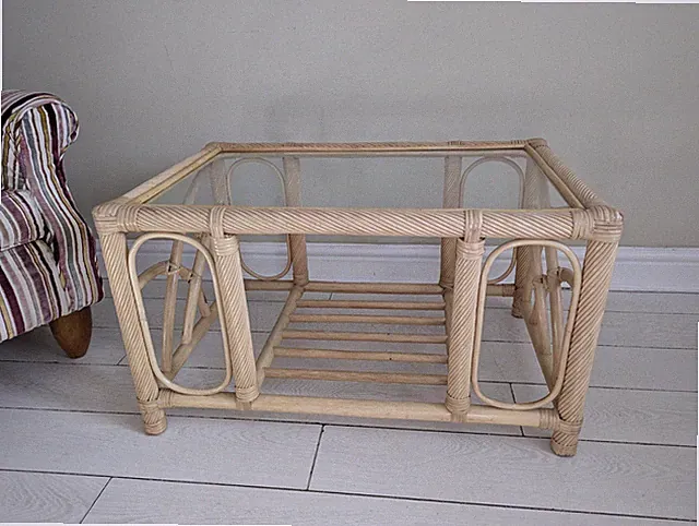 Retro Vintage Couchtisch Mid Century Bambus & Rattan - Glasplatte - Boho Style