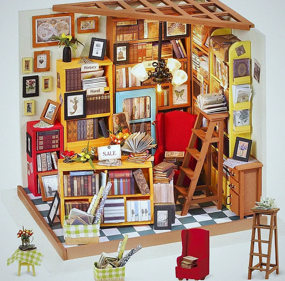 ROBOTIME 1:24 Holz Puppenhaus Miniatur Möbel DIY Sam's Study mit LED-Beleuchtung