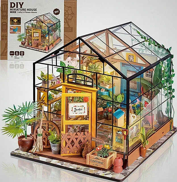 ROBOTIME 1:24 Puppenhaus Miniatur Möbel Cathy’s Flower House mit LED-Beleuchtung