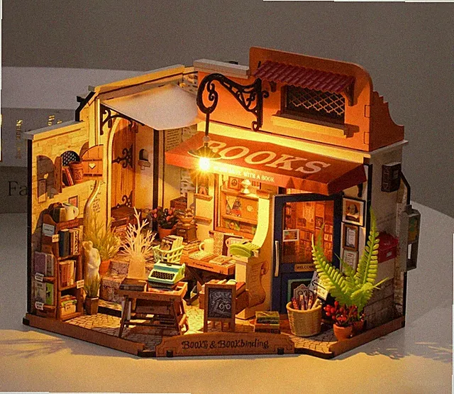 Robotime DIY Puppenhaus Miniatur Holzmöbel Kit Geschenk Eckbuchhandlung mit LED