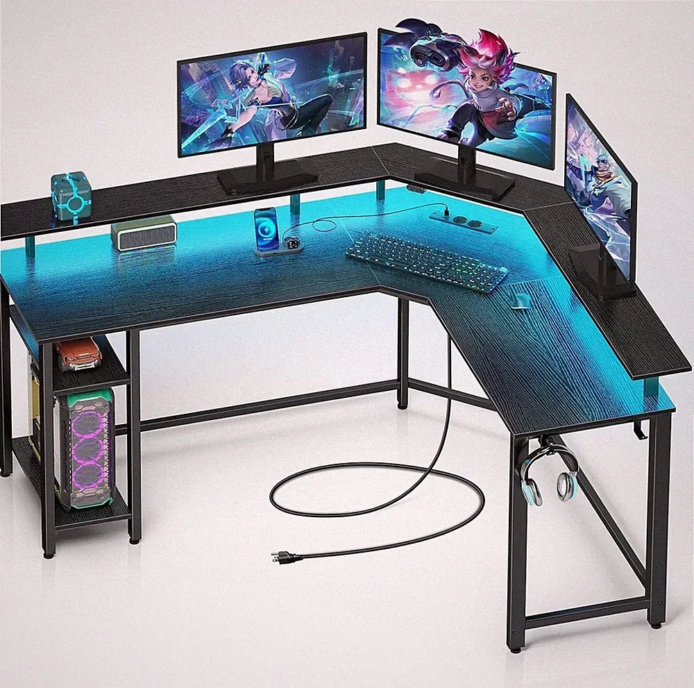 Rolanstar L-förmiger Gaming Schreibtisch LED Steckdosen Computertisch Holz Metal