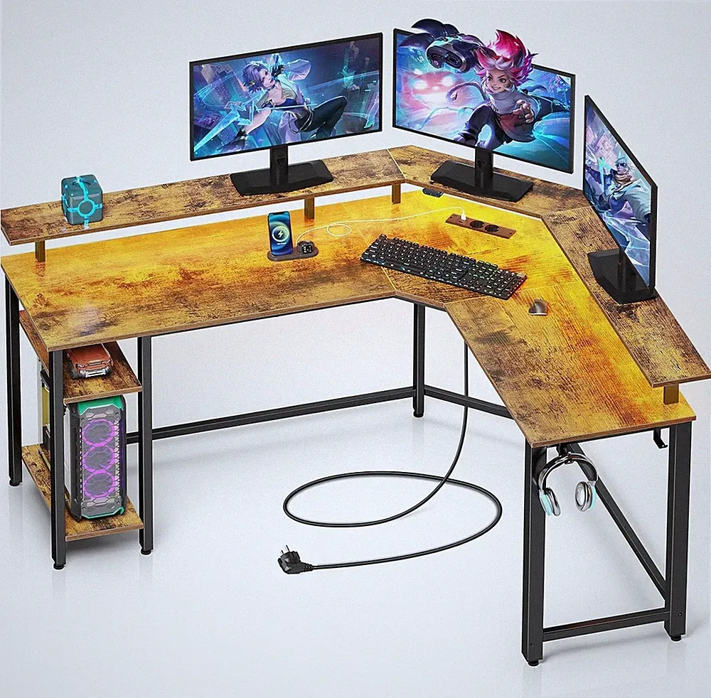 Rolanstar L - Förmiger Gaming Schreibtisch mit LED & Steckdosen Computertisch Ho