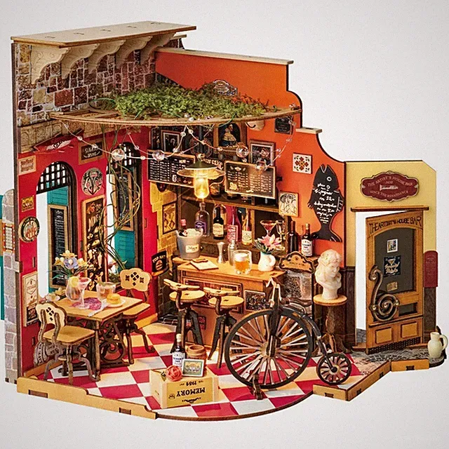 Rolife Cheers Bar Puppenhaus Kit mit Möbeln LED Holz Miniaturfall Spielzeug