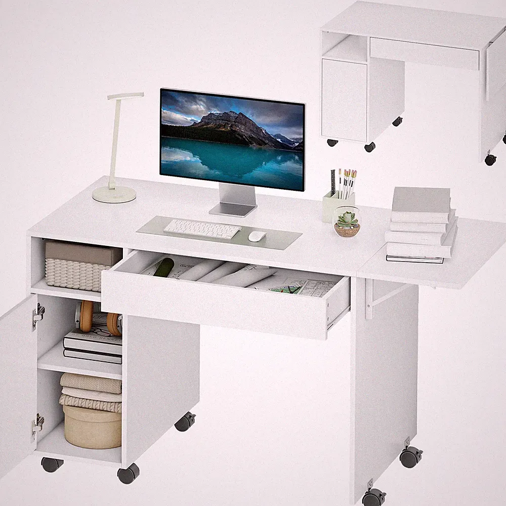 Rollbarer Computertisch, klappbarer Schreibtisch mit Schrank und Schublade