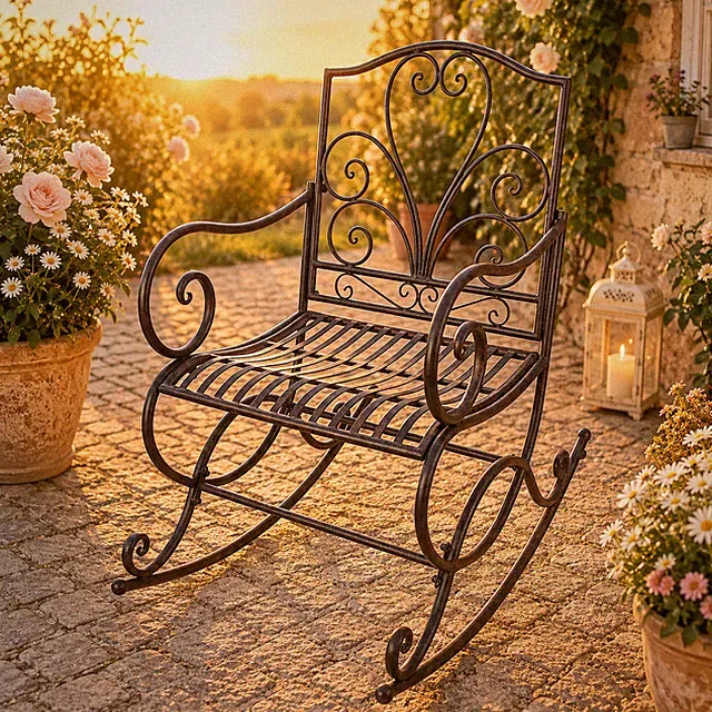 Romantischer Schaukelstuhl Metall Antikweiß Landhaus Garten Terrasse Vintage