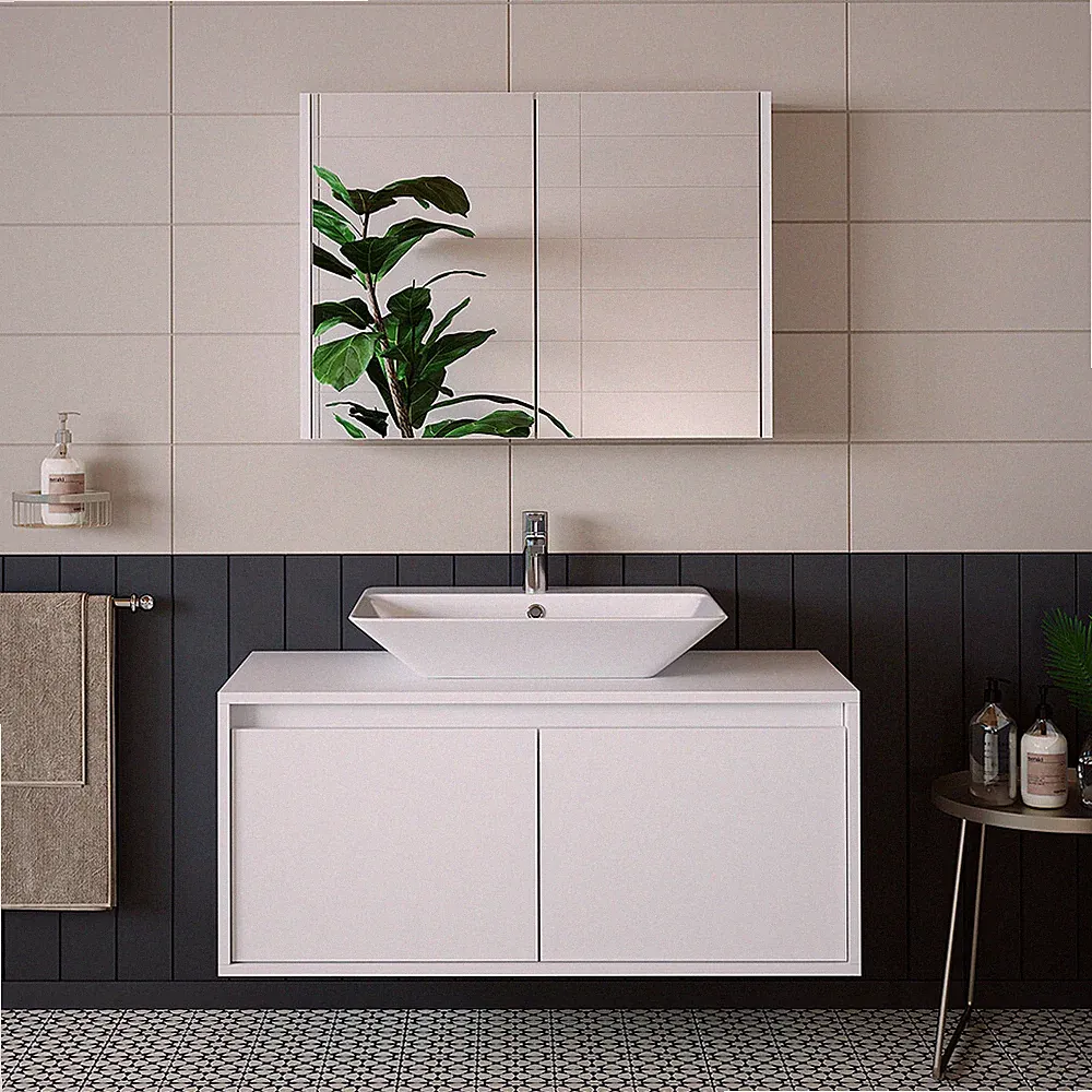 Roomart Badmöbel Set 100cm Unterschrank mit Waschbecken 80 cm Spiegelschrank