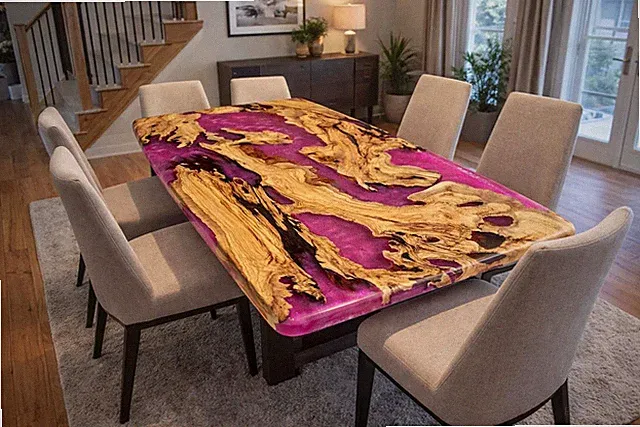 Rosa Epoxid Olivenholz Esstisch | Handgefertigter Harz River Live Edge Tisch