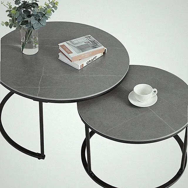 rund Couchtisch Marmor 2er Set Wohnzimmertisch weiß grau Stein Satztische Glanz